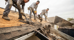 Crew manually tearing off weathered asphalt shingles, showing Roof Replacement Labor Costs as workers use specialized shovels to remove roofing debris into a dumpster.