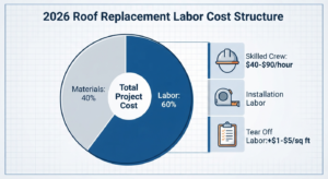 2026 Roof Replacement Labor Costs: Labor is 60% of total cost, with rates of $40–$90/hour plus $1–$5/sq. ft. for tear-off.