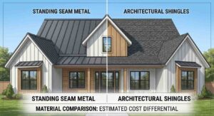 A split screen farmhouse comparison to show curb appeal differences when you choose a roofing style
