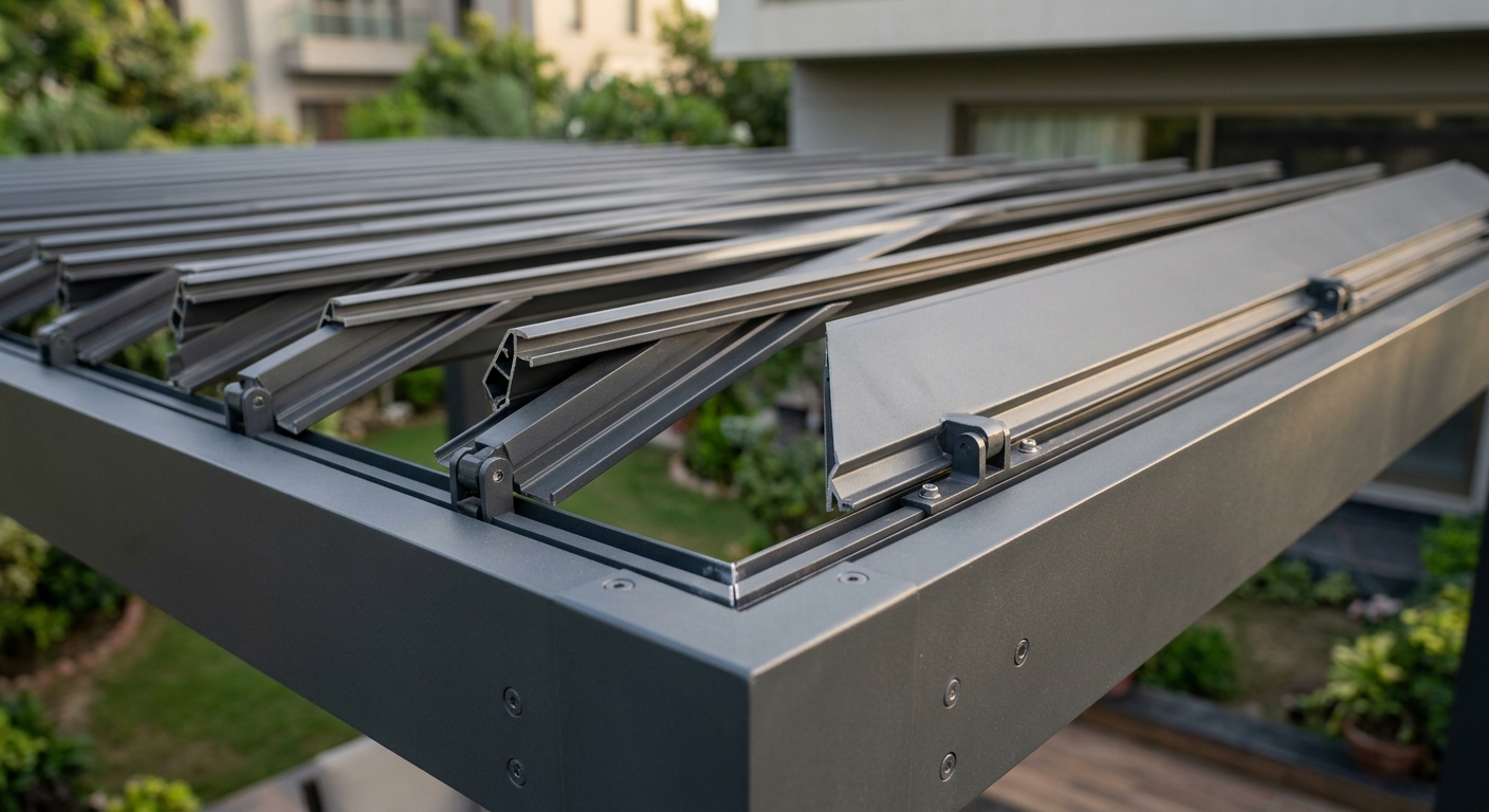 Close-up of louvered aluminum pergola roof