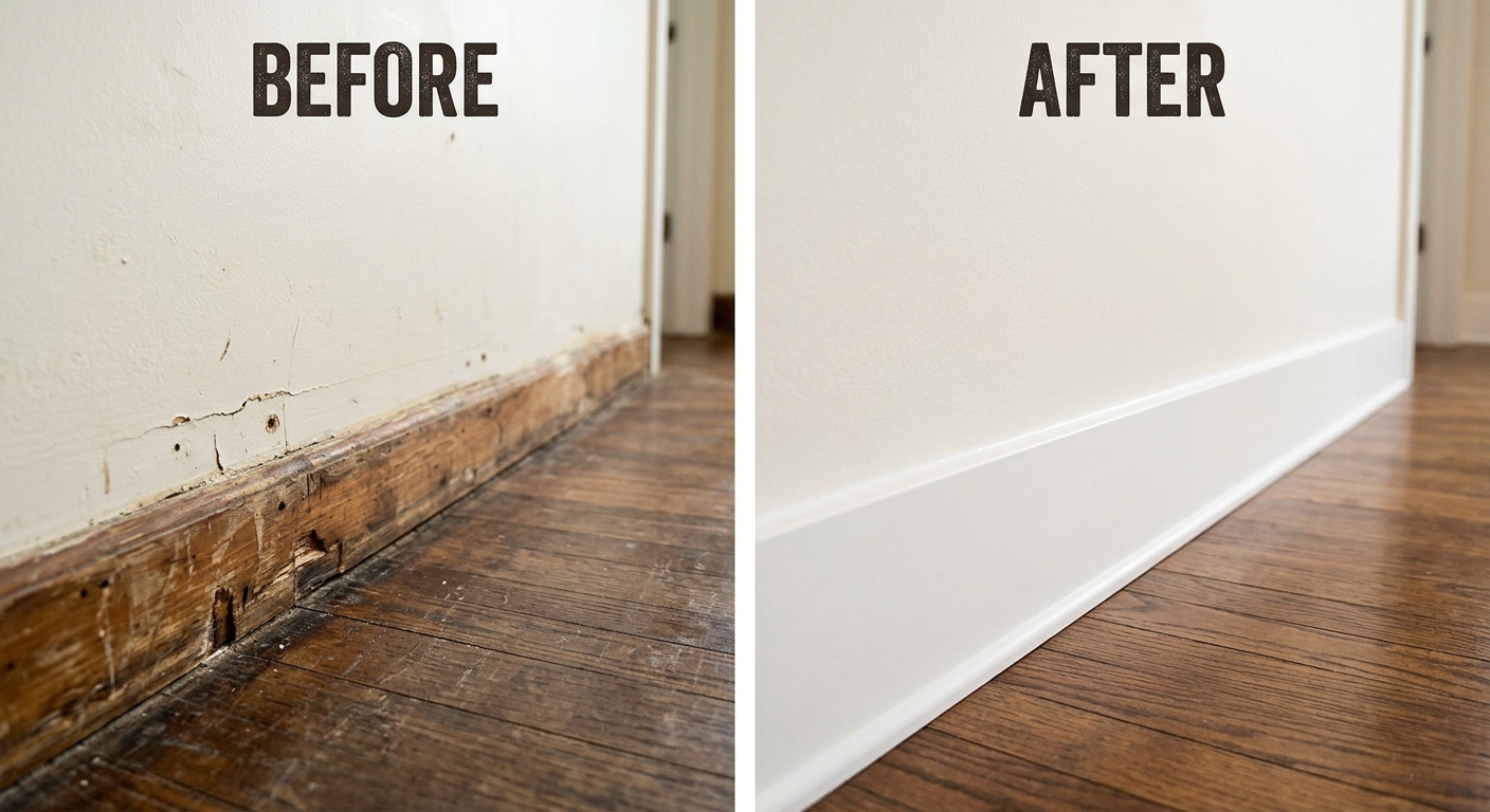 Removing old baseboard trim and preparing walls