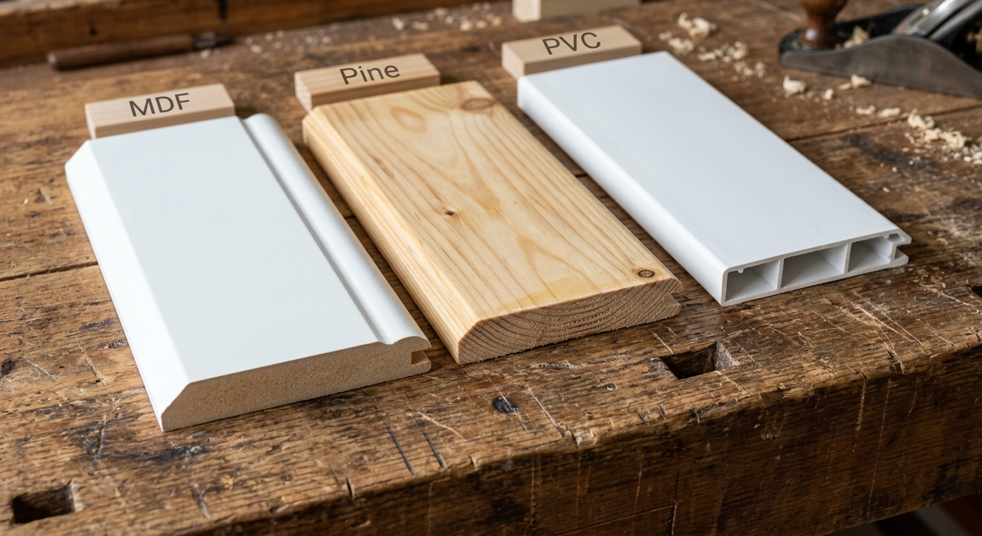 Different types of baseboard materials including MDF, wood, and PVC