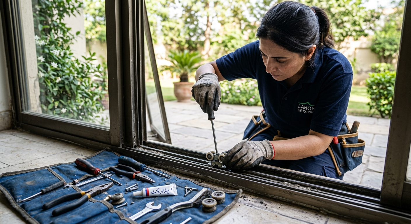 Technician is servicing sliding patio door rollers and tracks with specialty patio door repair tools.