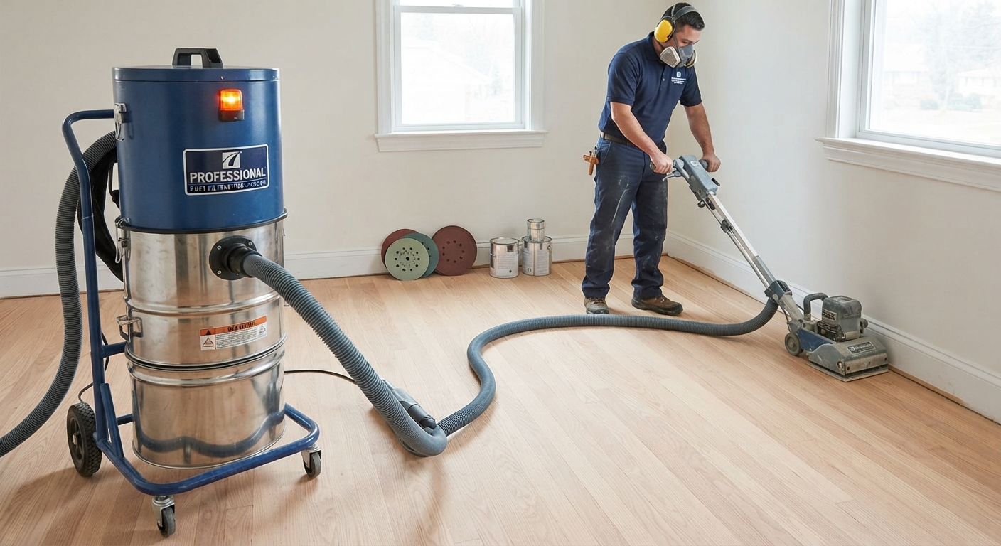 A professional contractor using a commercial dustless sanding system, highlighting the importance of specialized equipment.