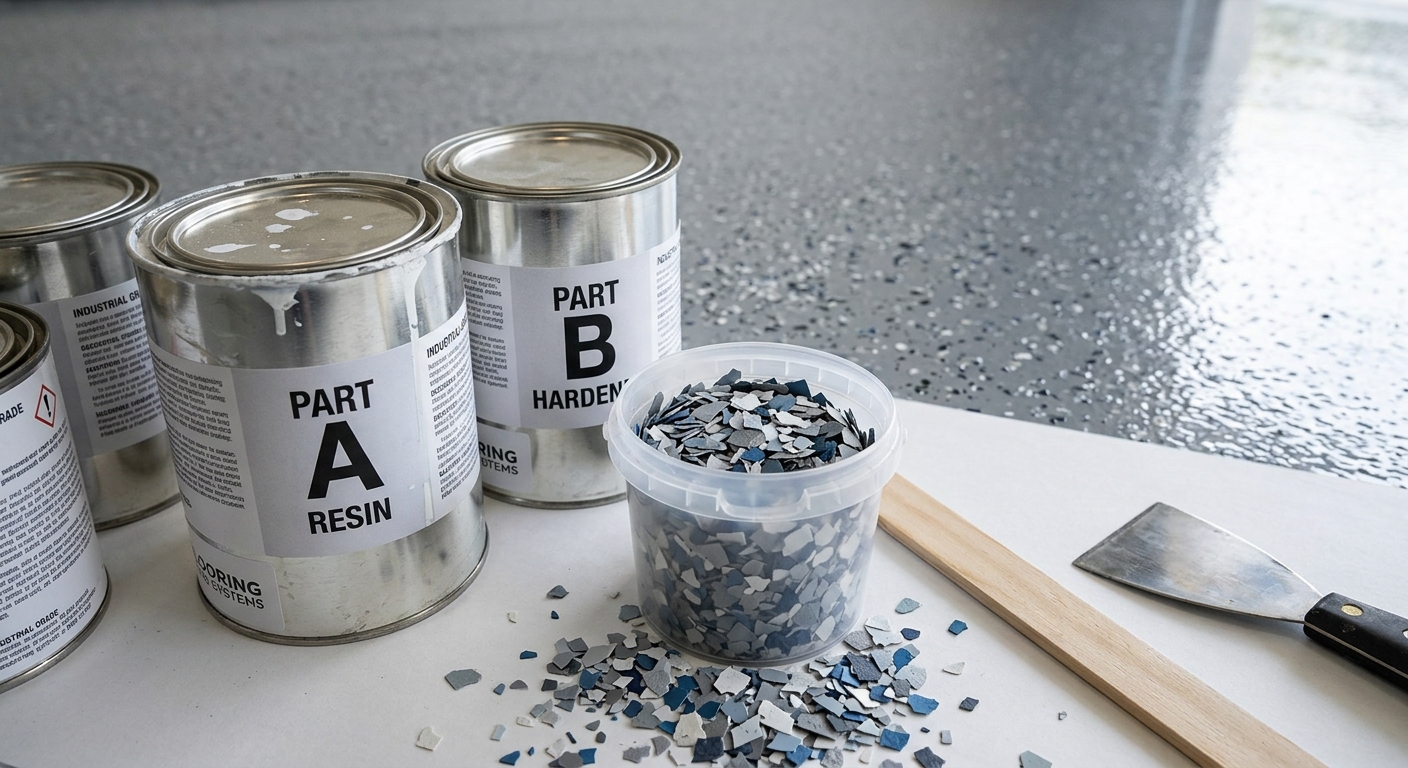 Close up view of supplies including resin cans and decorative flakes