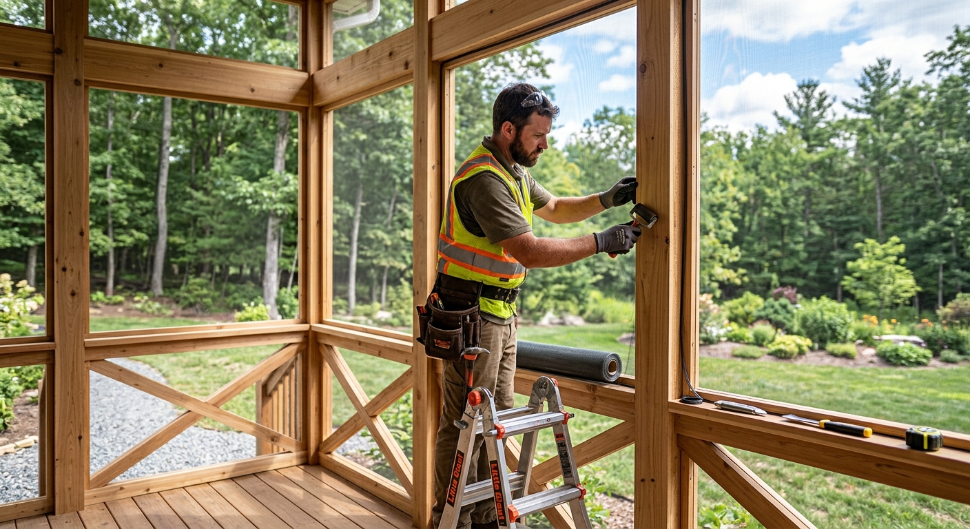 Worker installing screen mesh for a screened in porch cost project