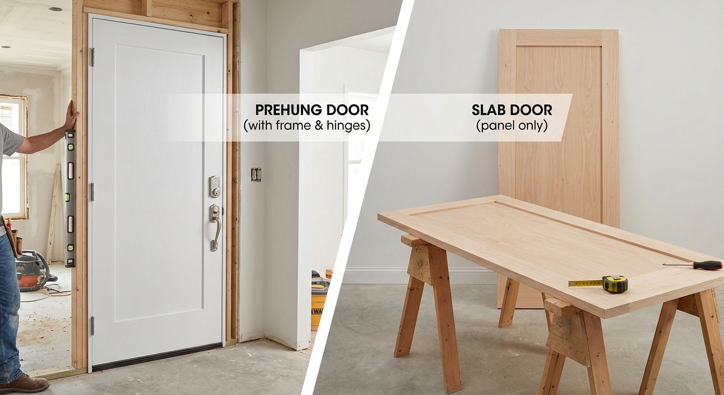 A prehung door with a full frame is being installed on the left, as compared to a bare slab door panel resting on sawhorses on the right