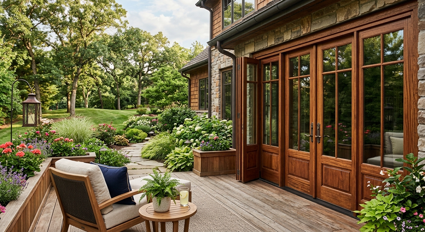 Patio doors made of custom wood framing lead from the house to a backyard deck and garden path.