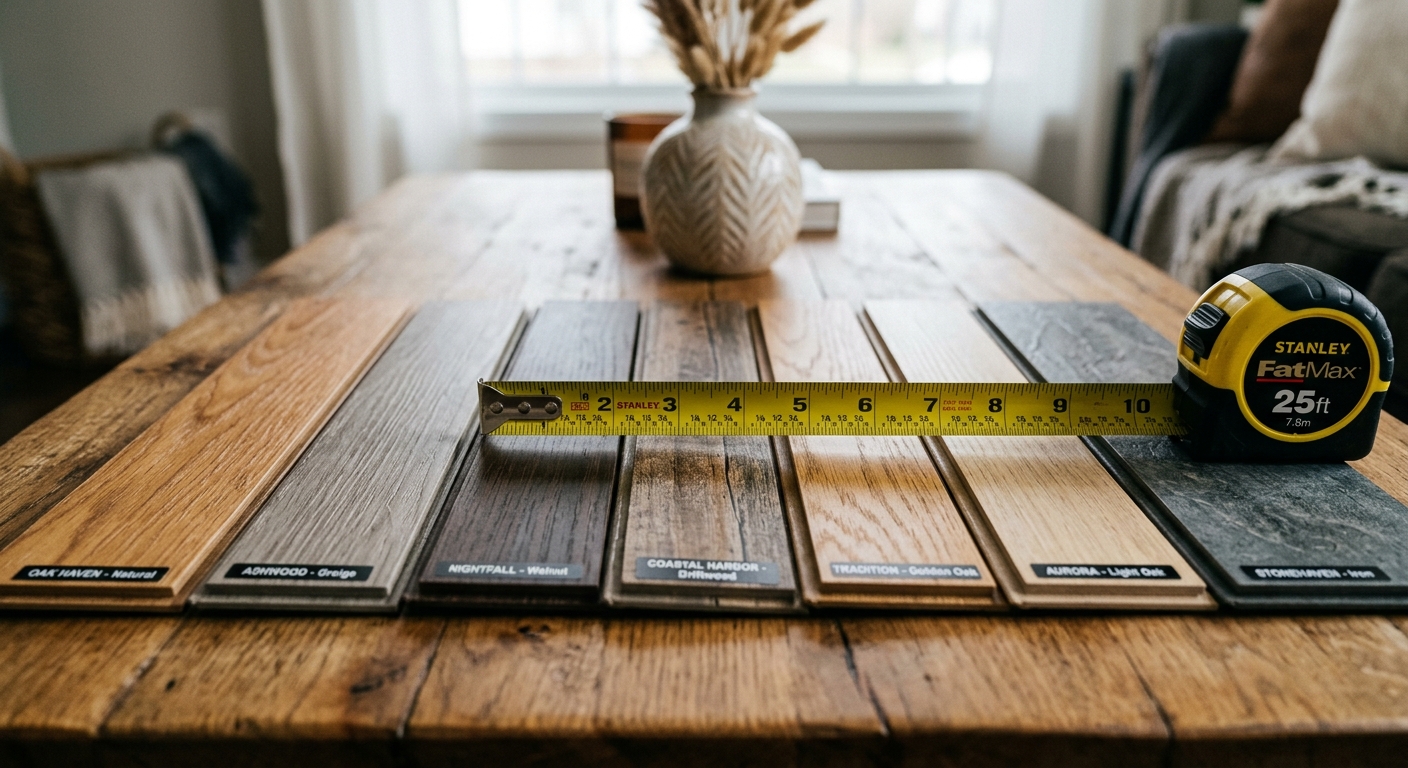 Luxury Vinyl Plank Flooring Installation Cost Materials Samples and Measuring Tape Close Up on Wooden Table