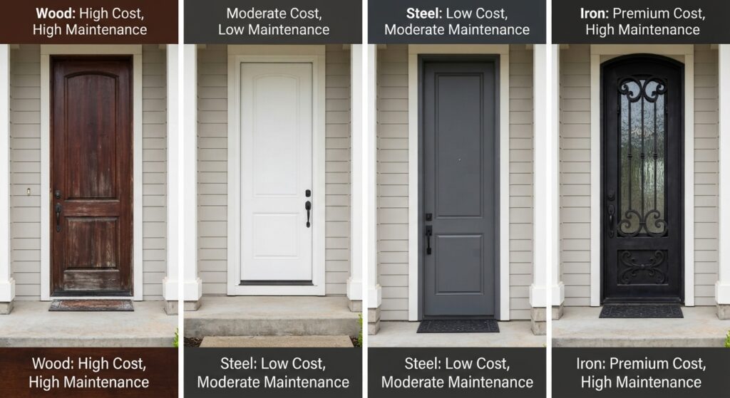 Wood, fiberglass, steel or iron doors, a comparison in exterior door installation cost and maintenance